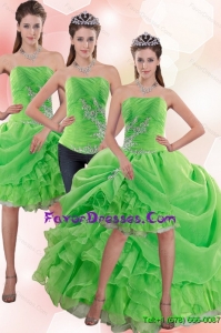 Detachable Strapless Spring Green Prom Dress with Appliques and Ruffles