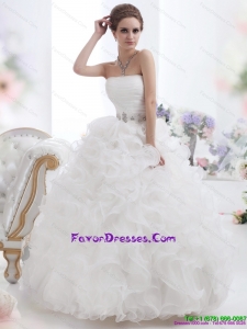 Perfect White Strapless Ruffles and Ruching Wedding Gown for 2015