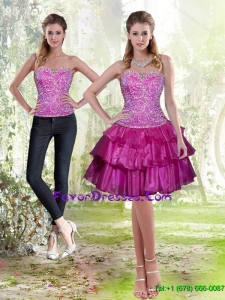 2015 Detachable Fuchsia Prom Dress with Embroidery and Ruffled Layers