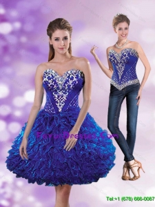 2015 Detachable Sweetheart Beading and Ruffles Dama Dress in Royal Blue