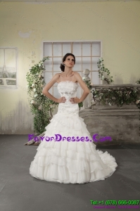 2015 Strapless White Bridal Gowns with Ruffled Layers and Court Train