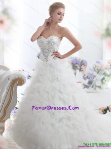 Beading Sweetheart White Designer Wedding Dresses with Ruffles and Brush Train