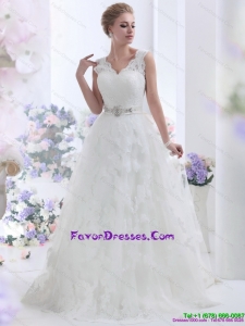 Designer Brush Train White Wedding Dresses with Lace and Beading