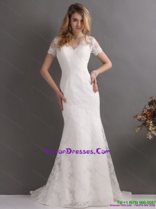 Designer V Neck Lace Wedding Dress with Short Sleeves
