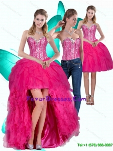 Detachable High Low Hot Pink Sweetheart Prom Dresses with Ruffles and Beading