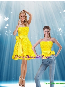 Detachable Strapless Yellow 2015 Prom Dress with Bowknot and Rolling Flowers