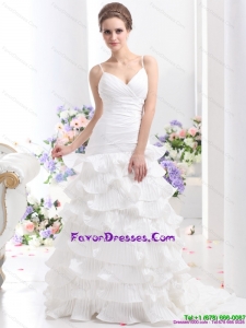 Maternity Ruching White Wedding Dresses with Ruffled Layers and Brush Train