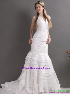 Maternity White Halter Top Bridal Gowns with Ruffled Layers and Ruching