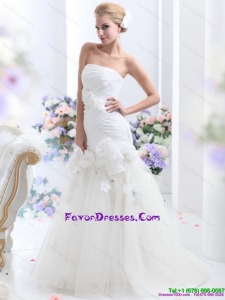 White BrushTrain Strapless Designer Wedding Dresses with Ruching and Hand Made Flowers