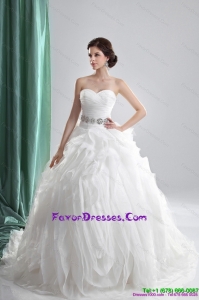 White Sweetheart Ruching Designer Wedding Dresses with Brush Train and Beading