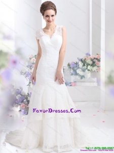 2015 Gorgeous Lace White Wedding Dresses with Brush Train