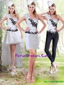 Detachable 2015 Column Sweetheart White Prom Dresses with Black Appliques