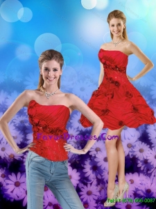 Detachable Strapless Red 2015 Prom Gown with Hand Made Flower