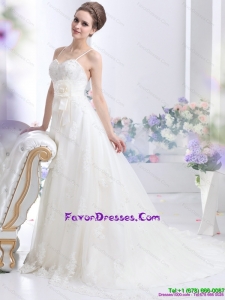 Lace Sequines White Bridal Gowns with Hand Made Flower
