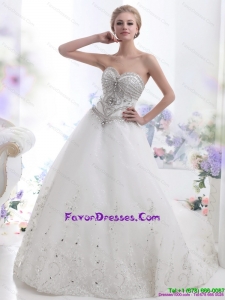 White Sweetheart Lace Wedding Dresses with Brush Train