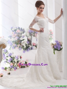 White V Neck Lace Wedding Dresses with Brush Train and Half Sleeves