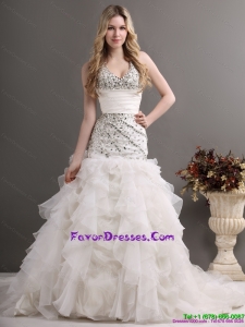 2015 Fashionable Halter Top Wedding Dress with Beading and Ruffles