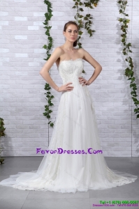 2015 Fashionable Ruffles White Strapless Wedding Gowns with Brush Train