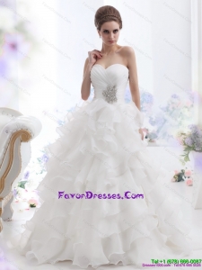 Fashionable Beading and Ruffled Layers Brush Train Wedding Dresses in White