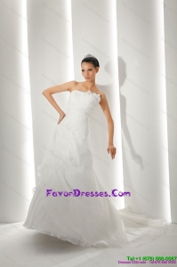 Fashionable Brush Train Ruching White Wedding Dresses with Appliques