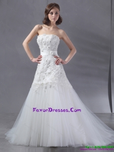 Fashionable White Strapless Wedding Dresses with Sequins and Brush Train