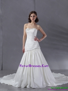 Ruching Beading Strapless White Fashionable Wedding Dresses with Chapel Train