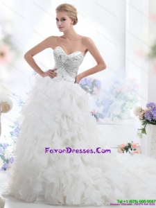 Sweetheart 2015 White Fashionable Wedding Dresses with Rhinestones and Ruffles