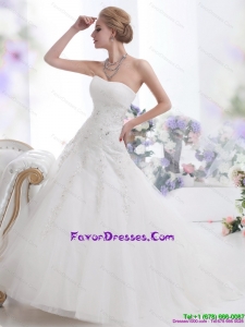 White Strapless Fashionable Wedding Dresses with Sequins and Brush Train