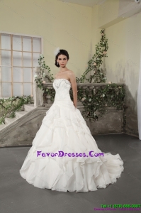 White Strapless Ruffles Fashionable Wedding Dresses with Chapel Train and Beading