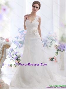 2015 Fashionable A Line Wedding Dress with Lace and Hand Made Flowers
