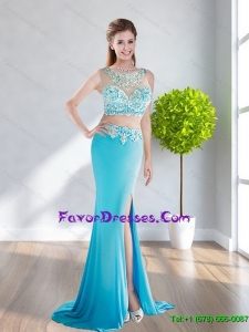 2015 Exclusive Bateau Long Prom Dress with Appliques and Brush Train