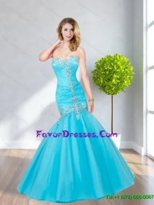 2015 Fashionable Baby Blue Mermaid Sweetheart Tulle Latest Prom Dresses with Beading