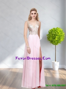 2015 Luxurious Baby Pink Prom Dresses with Lace and High Slit