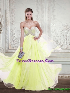 2015 Stylish Sweetheart Yellow Green Prom Dress with Beading and Ruching