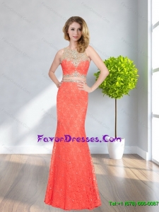 Beautiful Column Bateau Beading and Lace Coral Red Latest Prom Dresses for 2015