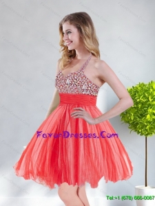 Luxurious 2015 Empire Halter Top Backless Red Latest Prom Dresses