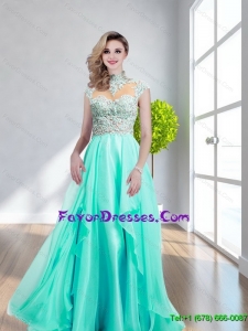 Sophisticated High Neck Backless Beading Prom Dresses in Turquoise