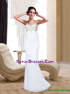 2015 Beautiful Column Sweetheart Beading and Appliques White Prom Dresses