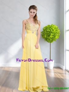2015 Elegant Straps Beading Empire Yellow Prom Dresses