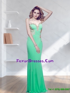 2015 Exquisite Appliques Formal Green Long Prom Dress with Bateau