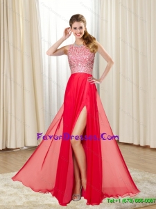 2015 Gorgeous Empire Bateau Beading and High Slit Prom Dresses in Red
