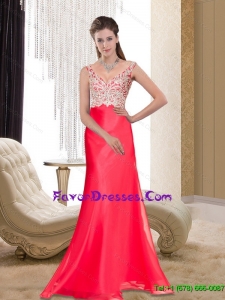 2015 Gorgeous V Neck Prom Dresses with Appliques and Brush Train