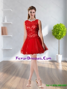 2015 Lace and Chiffon Scoop Perfect Prom Dresses in Red