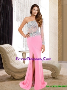 2015 Luxurious One Shoulder Sweep Train Prom Dress with Beading and High Slit