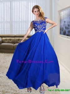 2015 Modest Scoop Appliques Empire Sweet Prom Gown Dress in Royal Blue