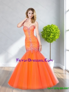 2015 New Style Mermaid Sweetheart Tulle Orange Red Prom Dresses with Beading