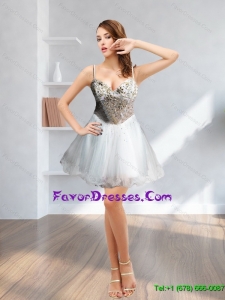 2015 Perfect Beading A Line White Prom Dress with Spaghetti Straps