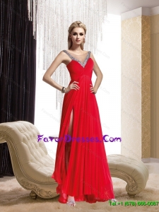 2015 Perfect Beading and Ruching Floor Length Formal Prom Dress in Red