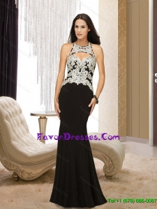 2015 Popular Empire Halter Top Backless Black Most Popular Prom Dresses with Appliques