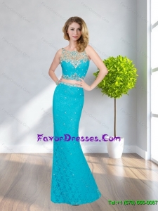2015 Pretty Column Bateau Beading and Lace Sweet Prom Dresses in Baby Blue